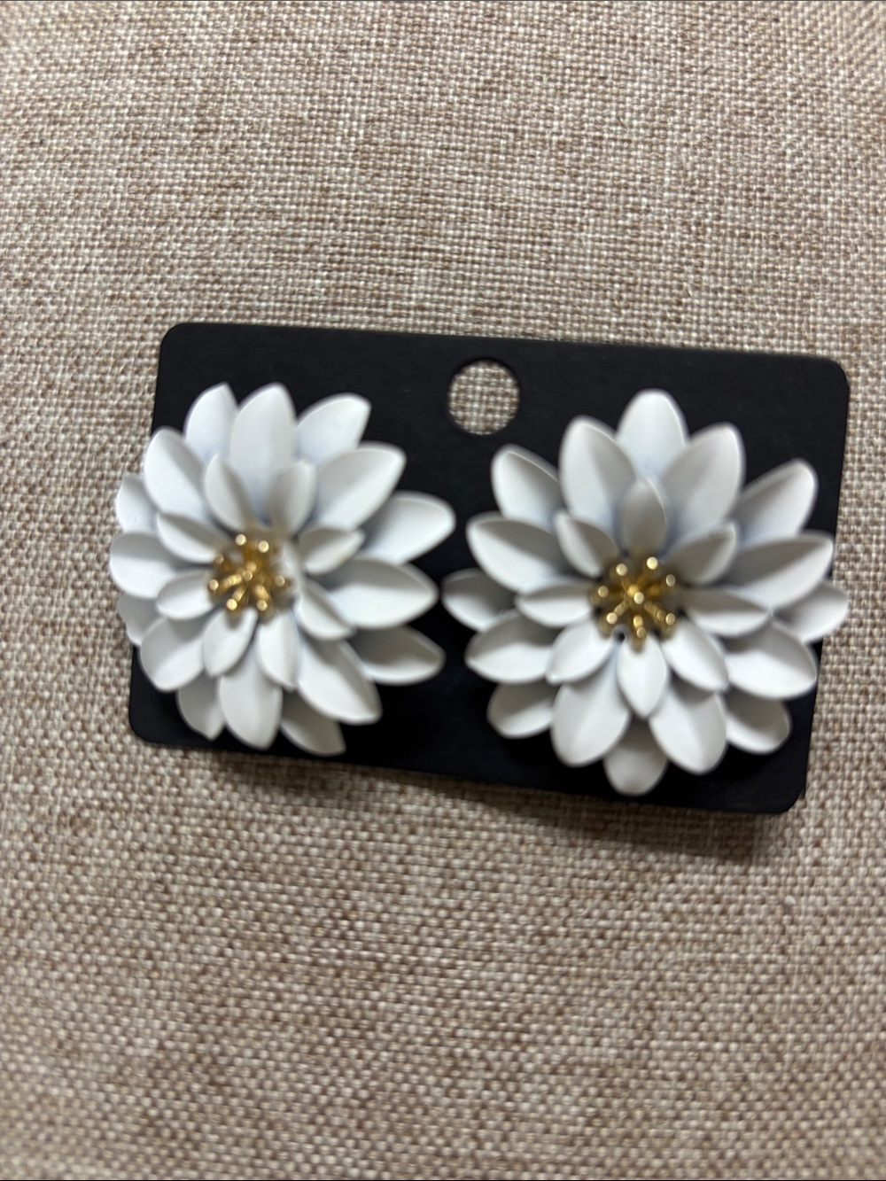 White Floral Statement Stud Earrings with Gold Center